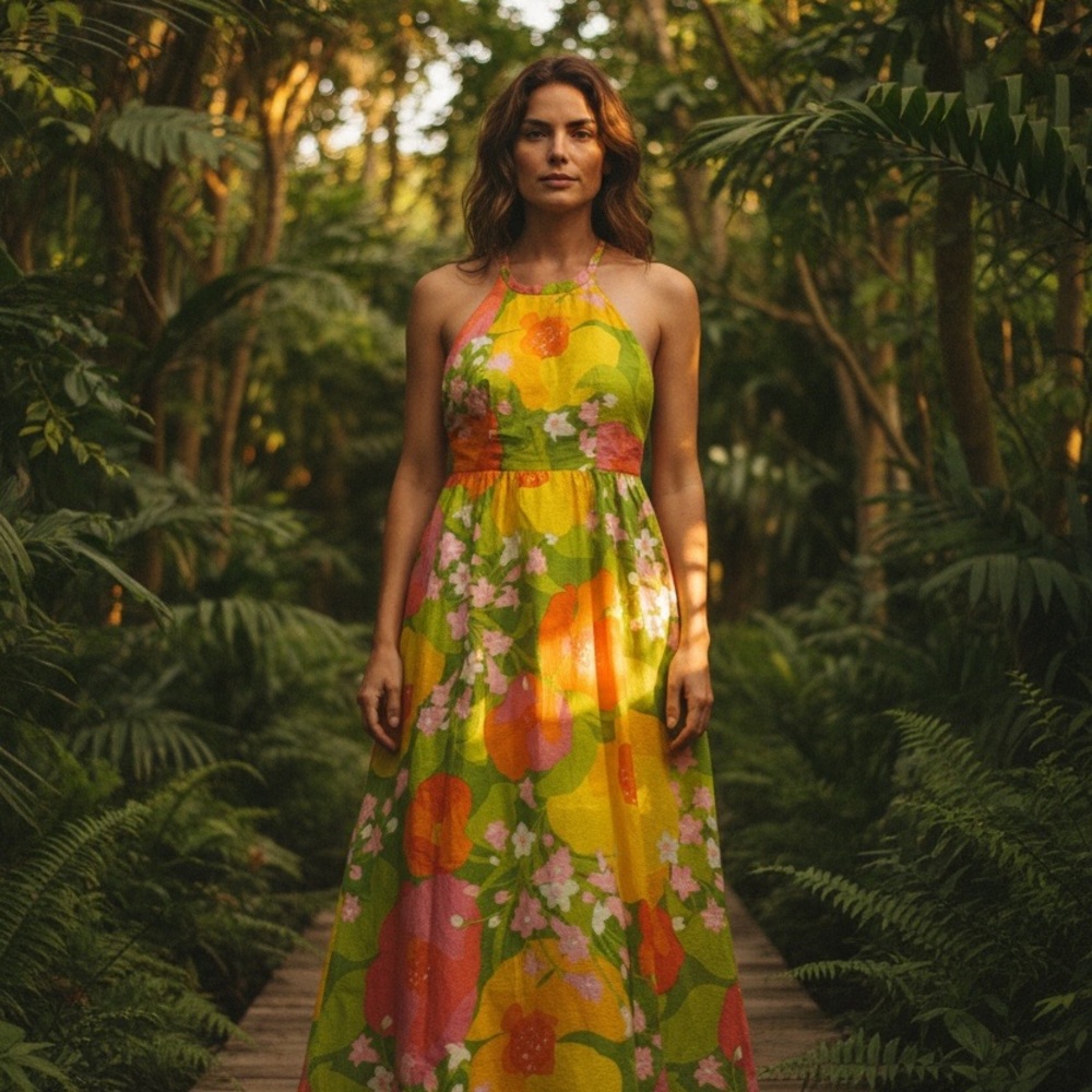 Malia Honolulu Vintage Floral Halter Maxi Dress XS Built in Bra! Stunning